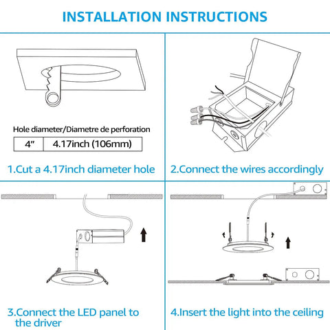 Installation instructions for Essential Series 6 Inch Ultra Thin LED Recessed Lighting with J-Box Pack of 4, 1000 Lumen Dimmable Slim Panel.