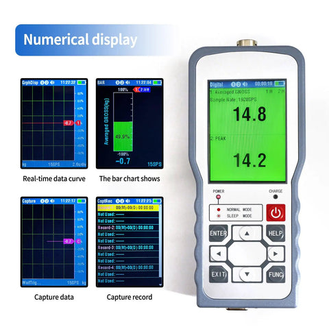 Digital Force Gauge With S Type Load Cell 0 To 2 Tons Capacity High Precision Force Measurement Real Time Display For Mechanical Testing Tensile And Compression Applications And Quick Data Readouts showing numerical display and data charts