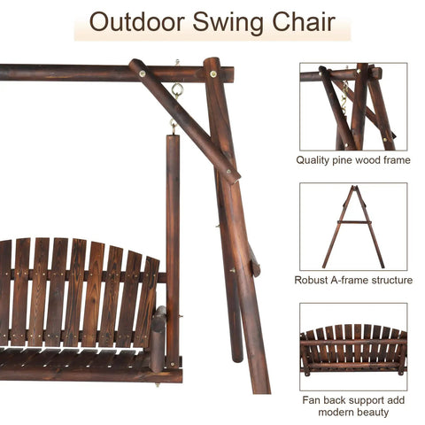 Heavy Duty 880 Lbs Wooden Porch Swing With A Frame Stand For Outdoors And Garden Rustic Sequoia Dusk Finish Great For Two Or More People To Chill And Hang Out In The Yard, featuring A-frame structure and slatted seat.