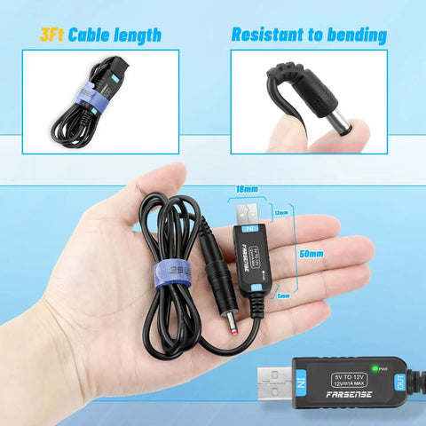 USB To DC 12V Step Up Power Cable 3ft With 5.5 X 2.5mm DC Jack And 3.5 X 1.35mm Plug USB Boost Converter With LED Indicator