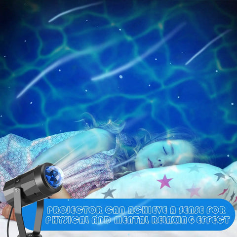 Child sleeping under ocean waves from 6 Piece Water Effect Projector Lights Set With Ocean Wave LED Night Light Rotating 360 Degree Ceiling Wall Projection For Bedroom Decor Blue Perfect For Undersea Themed Parties And Weddings And Kids Sleep Rooms