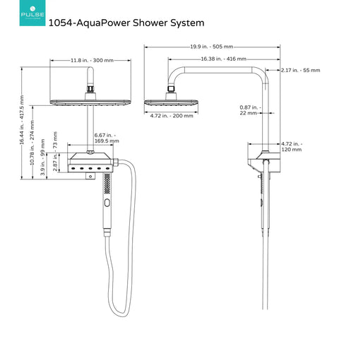Dimensions and diagram of Air-Infused AquaPower Shower System With 11-Inch Rain Showerhead, Magnetic 3-Function Hand Shower