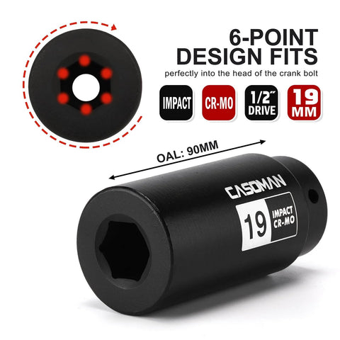 1/2 Inch Drive 19mm Crank Bolt Socket For Honda Harmonic Balancer, CR-MO impact socket with 6-point design and CR-MO label