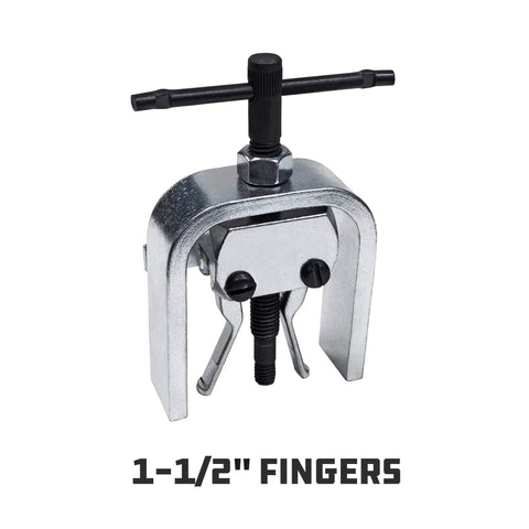 Powerbuilt pilot bearing puller, silver metal tool with black T-handle, front view for removing bearings.