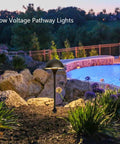 Go To Low Voltage G4 LED Path Lights For Outdoor Landscape Lighting In Oil Rubbed Bronze With Warm White Glow next to a pool.