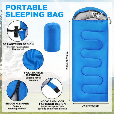 Portable sleeping bag with breathable material, smooth zipper, drawstring design, 70.9x29.5 inches for backpacking and camping.