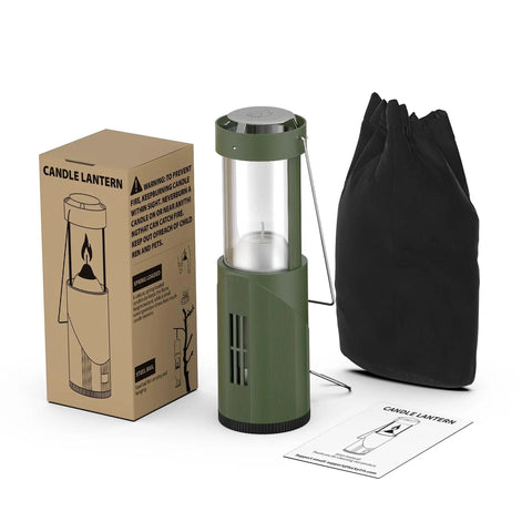 Compact Real Candle Lantern For Camping And Emergency Lighting, 15 Hour Burn Time, Portable Green Lantern with box and bag.