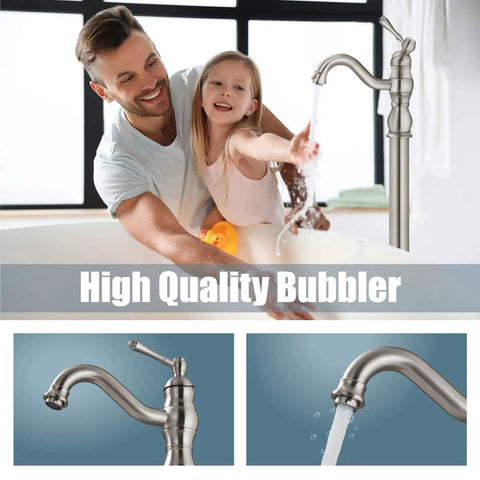 Brushed Nickel Freestanding Bathtub Faucet With Swivel Spout, Vintage Style, in use, father and child enjoying bath time.