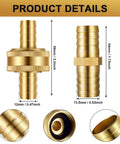 Four Pack One Half Inch Garden Hose Repair Connector Kit with brass fittings, dimensions labeled, for leak-free DIY hose fixes.