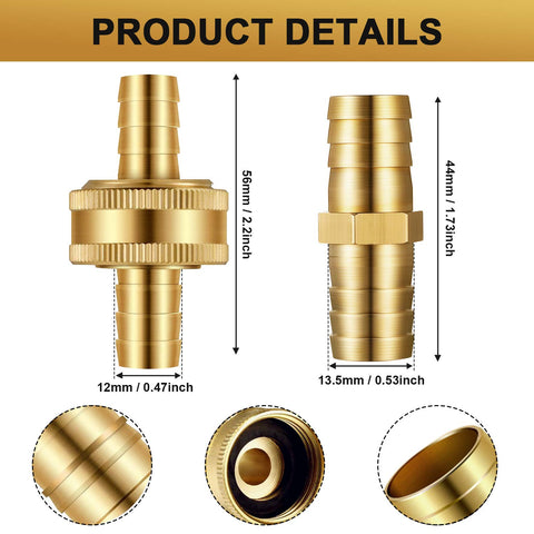 Four Pack One Half Inch Garden Hose Repair Connector Kit with brass fittings, dimensions labeled, for leak-free DIY hose fixes.