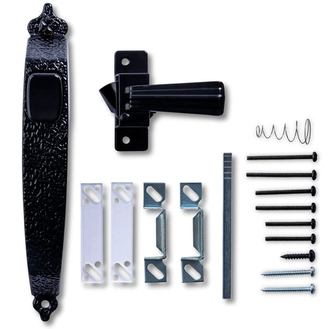 Push Button Door Latch For Screen And Storm Doors, Colonial Style, No Lockout Tech, Black Finish, Out Swing Ready For Three Quarters To One And A Quarter Inch Thick Metal Or Wood Doors, Built Tough And Easy To Install