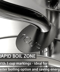 Close-up of stainless steel Gooseneck Electric Kettle 1L 1500W for Pour Over Coffee and Tea with 1 cup marking detail.
