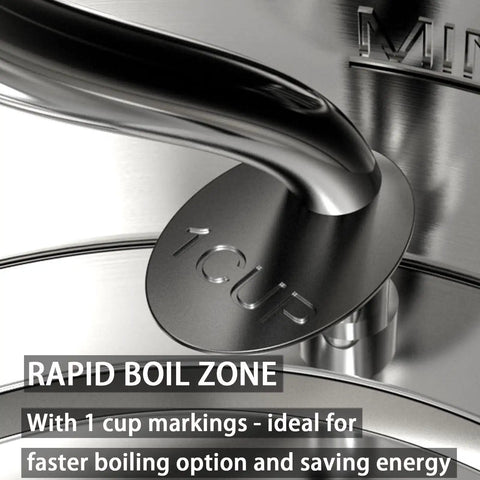 Close-up of stainless steel Gooseneck Electric Kettle 1L 1500W for Pour Over Coffee and Tea with 1 cup marking detail.