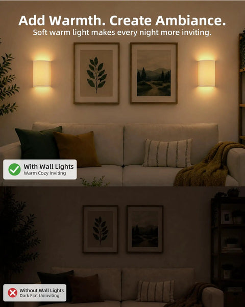 EZVALO Battery Operated Wall Sconce, Pleated Shades Wireless Wall Sconces Set of Two providing warm light in cozy living room.