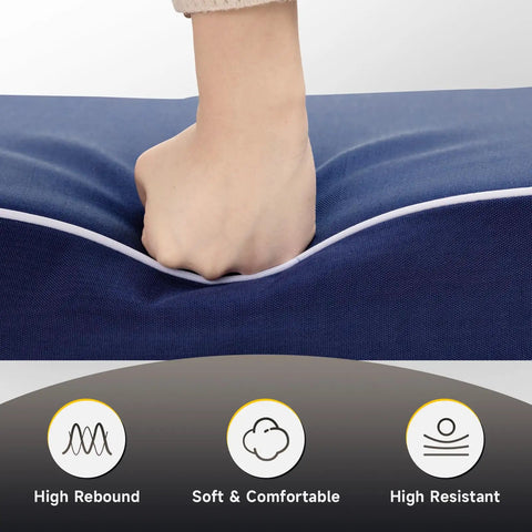 Hand pressing into navy cushion from 2 Pack Outdoor Patio Chair Cushions 20x20x4 Navy Waterproof With Non Skid Ties High Density Foam Cushion And Cover Included Cushy Comfort Weather Resistant Olefin Fabric UV Safe