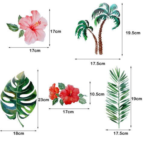 66 Pieces Large Hawaiian Floral Wall Decals Set With Palm Leaves And Hibiscus, vibrant green leaves and flowers, for home decor