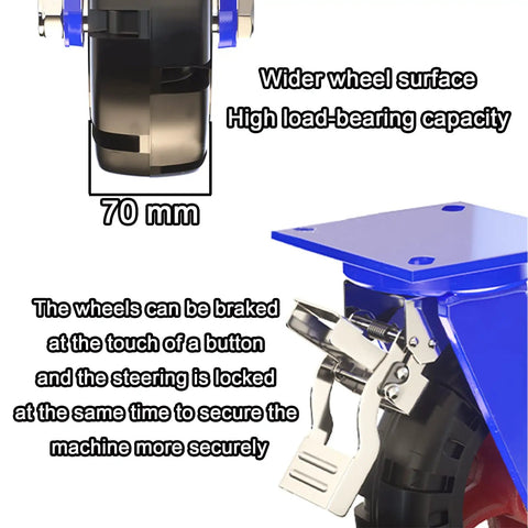 Heavy Duty Rubber Casters 200 Mm Swivel Wheels with 70mm width, high load-bearing capacity, and brake mechanism for utility carts.