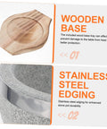 Wooden base and stainless steel edging of Korean Stone Bowl Set With Wooden Base For Bibimbap Soup And Rice Keeps Food Hot Longer With Durable Granite Stoneware Perfect For Home Cooks And Foodies Ramen Hot Pot And Everyday Meals.