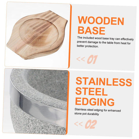 Wooden base and stainless steel edging of Korean Stone Bowl Set With Wooden Base For Bibimbap Soup And Rice Keeps Food Hot Longer With Durable Granite Stoneware Perfect For Home Cooks And Foodies Ramen Hot Pot And Everyday Meals.