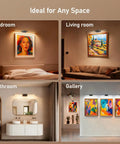 Twenty Four Inch Wireless Picture Light For Wall Rechargeable Art Lamp With Remote in bedroom, living room, bathroom, and gallery settings.