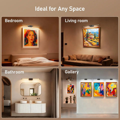 Twenty Four Inch Wireless Picture Light For Wall Rechargeable Art Lamp With Remote in bedroom, living room, bathroom, and gallery settings.