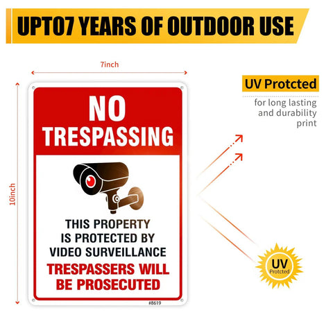Straight Up Legal Deterrent Video Surveillance And No Trespassing Signs 4 Pack Aluminum Security Plates red and white 10x7 inch sign.