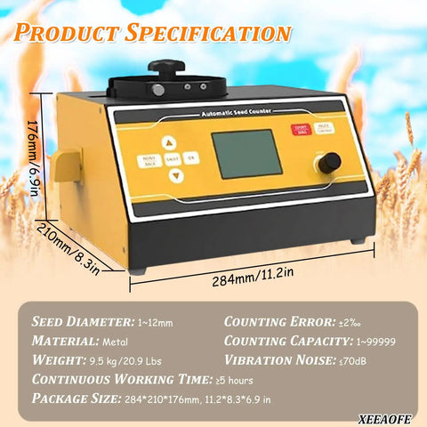 XeeaoFe Automatic Seed Counting Machine For Rice, Corn, Soybean & Wheat, metal body, size 284x210x176mm, designed for agricultural testing.