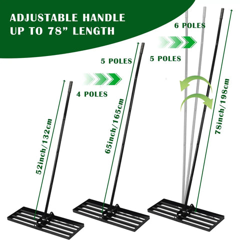 Lawn Leveling Rake With 30x10 Ground Plate And 78 Inch Adjustable Handle Heavy Duty Steel Yard Tool showing adjustable handle options.