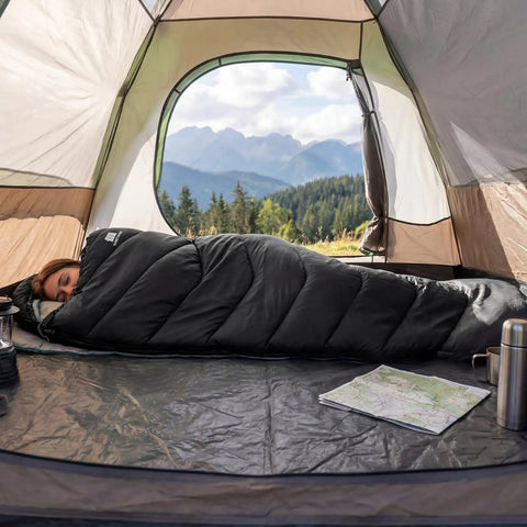 Cozy Yet Lightweight 3-4 Season Sleeping Bag For Adults And Kids, 4-Pound Packable With Compression Sack in a tent.