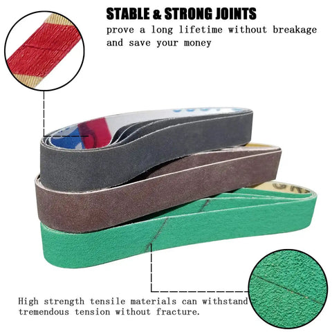 Replacement Belt Kit For Half Inch By Twelve Inch Knife And Tool Sharpeners With Grits 80 120 240 400 1000 1200 For WSKTS And WSKTS KT Durable Replacement Belts For Daily Use In Home Workshops Pro Gear green red and brown belts with strong joints and close-up texture.