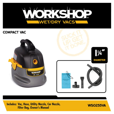 Portable Wet Dry Shop Vacuum For Home And Garage, 2.5 Gallon Tank, 1.75 Peak HP, with included accessories and attachments.