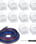 10 Pack 4 Pin 10mm Solderless LED Strip Light Connectors and 16.4 Ft Conductor Extension Cable with Screwdriver for No Fuss Waterproof RGB LED Strip Lights Track Lighting