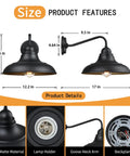 Classic Barn Style Wall Light Fixture, Dope Outdoor And Indoor Wall Sconce, 12 Inch Matte Black Industrial Wall Mount Lamp size details