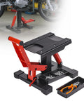 Beefy 1000 Lbs Hydraulic Dirt Bike Lift Stand with removable tool tray and adjustable height hoist table in orange and black