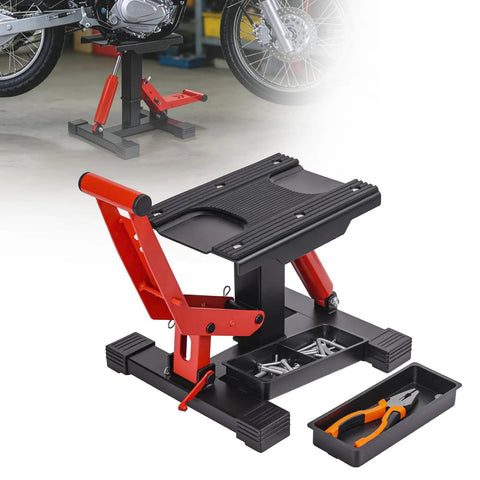 Beefy 1000 Lbs Hydraulic Dirt Bike Lift Stand with removable tool tray and adjustable height hoist table in orange and black