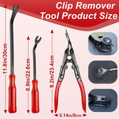 19 Piece Car Trim Removal Tool Kit With Clip Pliers And Fastener Remover Set showing tool sizes and usage examples