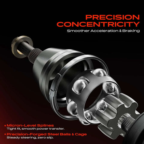 Front Left CV Axle Shaft Assembly For Nissan Rogue AWD 2008 Through 2015 close-up view showing precision-forged steel balls and splines.
