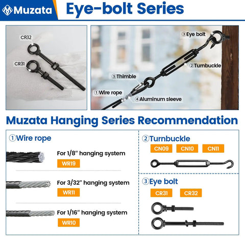 Muzata eye-bolt series with wire ropes, turnbuckles, and eyebolts, including focus on Five Pack 3 Inch Black Eye Bolts With Nuts Washers And Drill Bit T316 Stainless Marine Grade Beefy Heavy Duty Eyebolts With Shoulder Lifting Ring For Lifting And Mooring One Quarter Inch Thread UNC 3A.