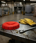 Mycense Ibc Container Lid Replacement Cap For 275 Gallon Tote Barrel Cover on a workbench with gloves and wrench in a warehouse.