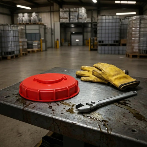 Mycense Ibc Container Lid Replacement Cap For 275 Gallon Tote Barrel Cover on a workbench with gloves and wrench in a warehouse.