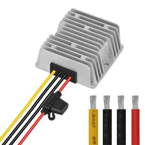 24V To 12V 30A Waterproof Buck Converter Regulator With Fuse 360W DC To DC Step Down Power Module Aluminum Shell Sealed Design With Undervoltage Overcurrent Overheat And Short Circuit Protection For Marine Auto And Industrial Use, showing aluminum shell and colored cables