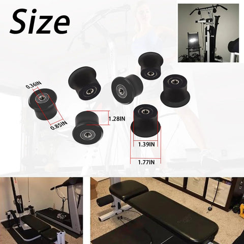 Replacement Sliding Seat Bracket Rollers for Home Gym Rolling Seats with size dimensions and equipment compatibility details.