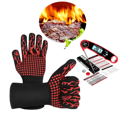 Heat Resistant BBQ Grilling Gloves For Men And Women Up To 1472F With Meat Thermometer Probe Auto Off For Barbecue Grill Cooking