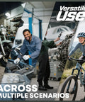 Mechanics working on motorcycle and car, person cycling to show Quarter Inch Digital Torque Wrench 1.1 to 22.2 Foot Pounds range versatility.