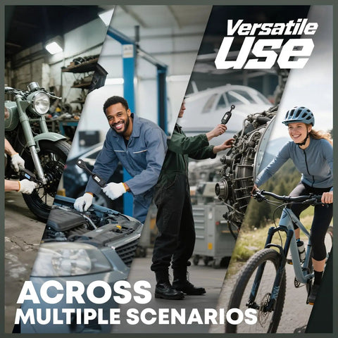 Mechanics working on motorcycle and car, person cycling to show Quarter Inch Digital Torque Wrench 1.1 to 22.2 Foot Pounds range versatility.