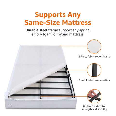 Rock Solid Queen Box Spring Bed Base With Low Profile Design, Heavy Duty Steel Mattress Foundation For All Types, Tool Free Assembly And No Sweat Setup, Built Different Support Up To Seven Hundred Pounds, White with fabric cover and steel frame.