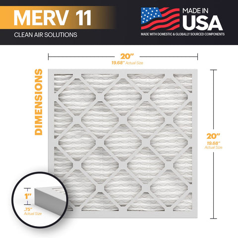 Air Filter 20x20x1 MERV 11 Six Pack Pleated Electrostatic Media For HVAC Systems That Kick Allergies, Dust, Pet Dander, Smoke, and Odor. Made In USA