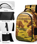 Sunset Farm Highland Cow Printed Unisex Backpack large capacity with durable polyester, sturdy zipper, side pockets, and comfortable straps.