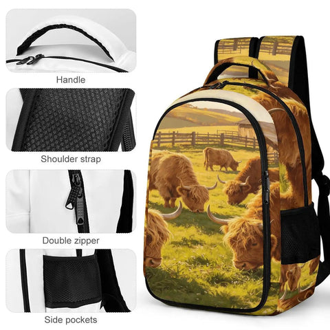 Sunset Farm Highland Cow Printed Unisex Backpack large capacity with durable polyester, sturdy zipper, side pockets, and comfortable straps.