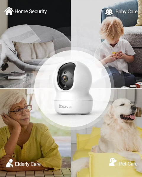 2K Plus Indoor Security Camera With 360 Degree Coverage in use for home security, baby care, elderly care, and pet care.